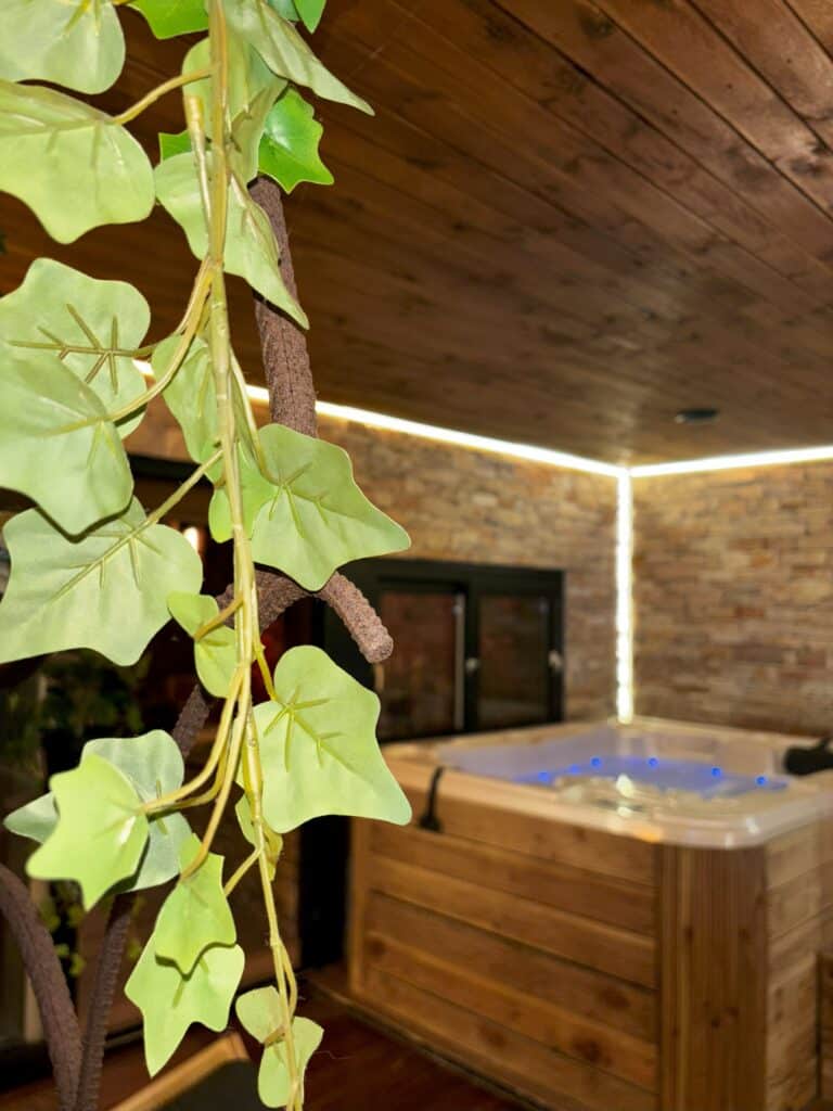 Spa privatif du cottage suédois entouré de bois et de plantes vertes